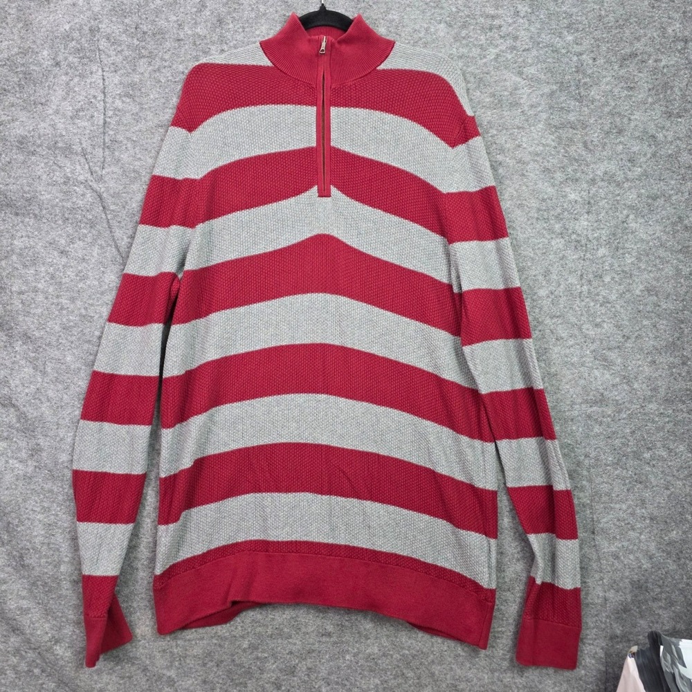 Brooks Brothers Mens XL Red Grey Striped Cotton Quarter Zip Sweater 100185241
